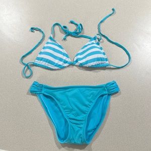 Massimo Women’s small 2piece swim suit. Aqua blue and white stripe.